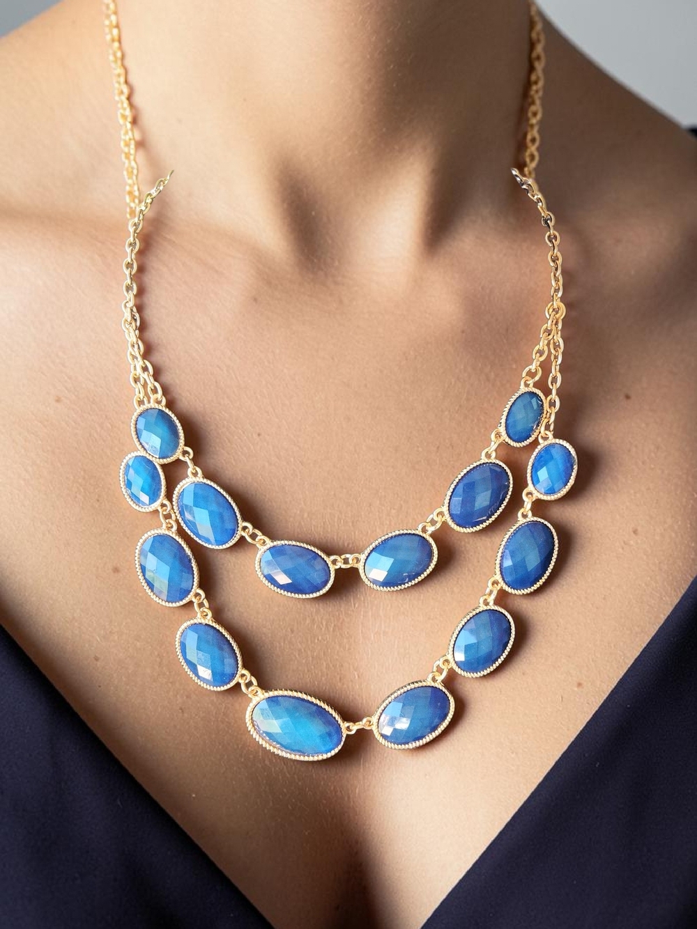 Gold Double-Strand Blue Stone Necklace
